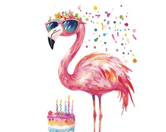 May include: A pink flamingo wearing sunglasses and a flower crown stands next to a birthday cake with lit candles. The text "Willa's 5th Birthday" is written in pink letters. The invitation includes the date, time, address, and RSVP information.
