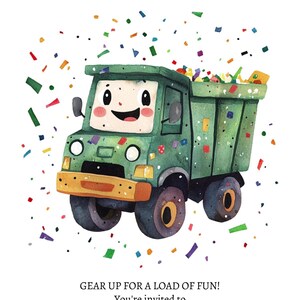 Może przedstawiać: Akwarelowa ilustracja zielonej kreskówki wywrotki z uśmiechniętą twarzą, konfetti i tekstem "Levi's Trash Bash Birthday". Zaproszenie zawiera szczegóły wydarzenia: datę, godzinę i informacje RSVP.