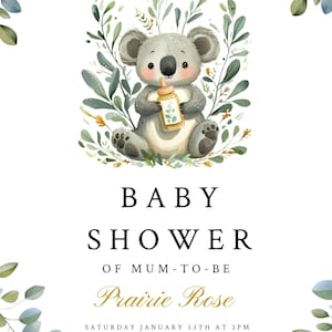 Cute Koala Baby Shower Party Invitation Template, Customizable Koala Eucalyptus Baby Sprinkle Invite, Digital Download, Australian Animals