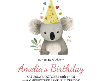 May include: A birthday invitation featuring a cute koala wearing a yellow party hat with colorful confetti. The invitation includes the text "Amelia's Birthday", the date and time of the party, the address, and RSVP information.