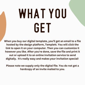 May include: White background with the text "WHAT YOU GET" in a bold, dark brown font. The text explains the digital template process, including customization and printing instructions. Abstract shapes in brown and green are in the background.