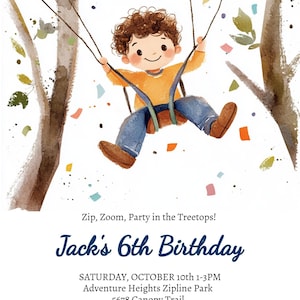 Custom Zipline Boys Birthday Invitation, Cute Treetop Ziplining Adventure Kids Birthday Party Invite, Instant Digital Download