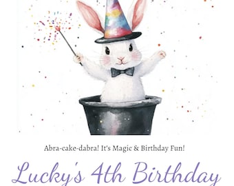 Op de afbeelding: Verjaardagsuitnodiging met een illustratie van een witte konijn-goochelaar met een feesthoed en een vlinderdas, die uit een zwarte hoge hoed komt. De tekst luidt "Lucky's 4th Birthday" met evenementdetails en RSVP-informatie.