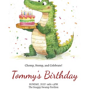 Puede incluir: Ilustración en acuarela de un cocodrilo verde con un gorro de fiesta, sosteniendo un pastel de cumpleaños con velas encendidas. La invitación dice "Tommy's Birthday" con detalles del evento e información de RSVP.