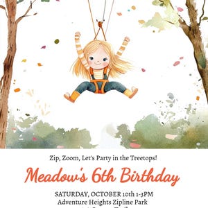 Zipline Girls Birthday Customizable Invitation, Cute Treetop Ziplining Adventure Kids Birthday Party Invite, Instant Digital Download