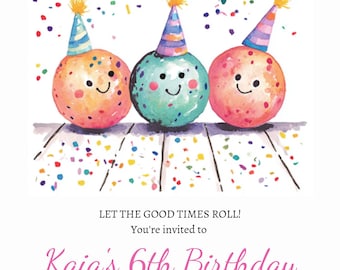 Invitación personalizable para fiesta de cumpleaños infantil de bolos, descarga digital, editable, temática de bolera.