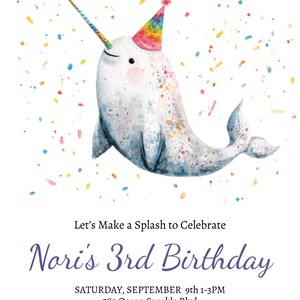 Cute Narwhal Girls Birthday Customizable Invitation, Unicorn of the Sea Themed Kids Birthday Party Invite, Instant Digital Download