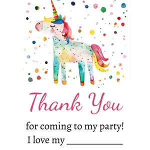 Carte de remerciement de fête d'anniversaire pour enfants licorne arc-en-ciel, licorne magique personnalisable Merci, modèle numérique modifiable, cheval Wildstar Evite
