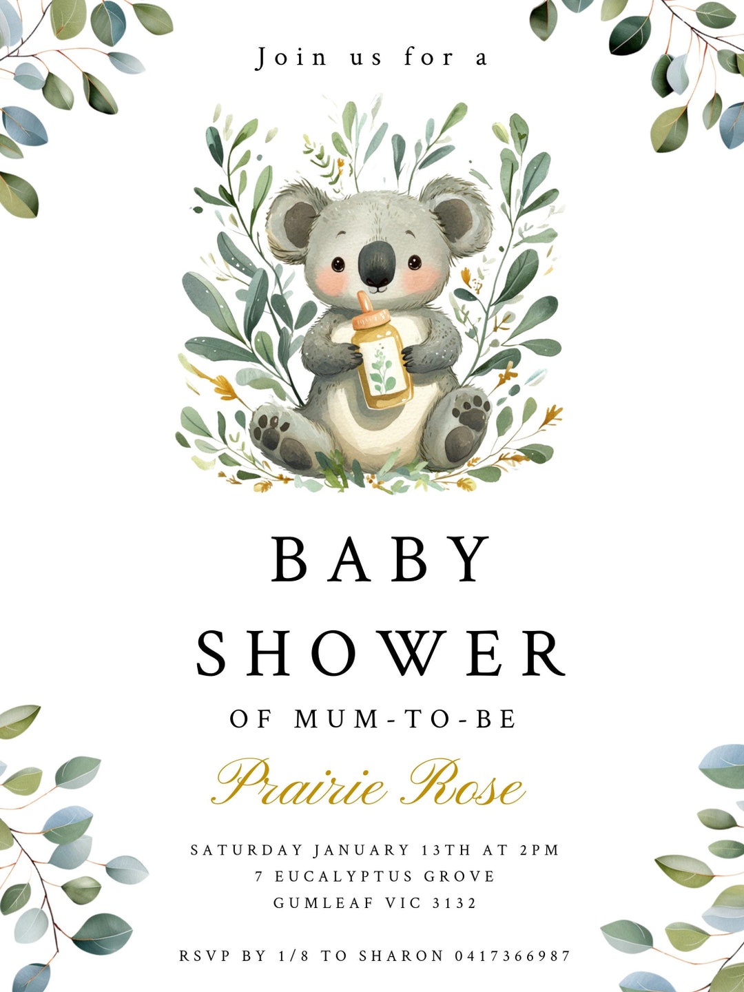 Cute Koala Baby Shower Party Invitation Template, Customizable Koala