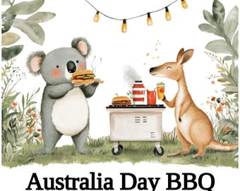 Può includere: Un invito a un barbecue per il giorno dell'Australia con un'illustrazione di un koala e un canguro. L'evento si terrà sabato 26 gennaio alle 13:00 in 12 Wattle Grove, Koala Bay, NSW 2000. RSVP entro il 16 gennaio a australiaday2025@gmail.com.