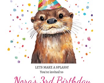 Cute Baby Otter Happy Birthday Customizable Invitation, Otter Themed Kids Birthday Party Invite, Instant Digital Download, Editable