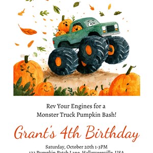Puede incluir: Invitación en acuarela para una fiesta de Monster Trucks y calabazas. Un monster truck verde transporta calabazas, con más calabazas y hojas esparcidas. El texto dice "Grant's 4th Birthday" y los detalles del evento.