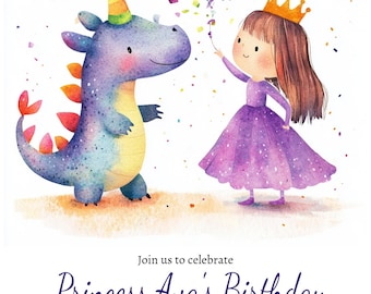 Cute Magical Dragon Princess Birthday Customizable Invitation, Digital Download, Editable Invite for Toddler Party, Girls Dragon Template