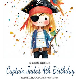 Girls Cool Pirate Birthday Party Invitation | Editable Cute Pirate Eye Patch Invite | DIY Digital Download | Kids Pirate Theme Party Evite