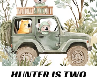 May include: A green jeep with a koala bear on the roof and two koala bears inside. The jeep is surrounded by green trees and bushes. The text "HUNTER IS TWO" is at the bottom of the image. The text "SATURDAY, OCTOBER 10th 1-3PM" is below the title. The text "7288 CHERRYTREE LANE, BILLYBROOK" is below the date and time. The text "RSVP BY 9/26 TO MEG (310) 767-3555 or hunteristwo@gmail.com" is at the bottom of the image.
