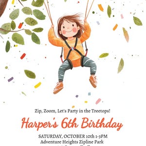 Zipline Girls Birthday Customizable Invitation #2, Cute Treetop Ziplining Adventure Kids Birthday Party Invite, Instant Digital Download