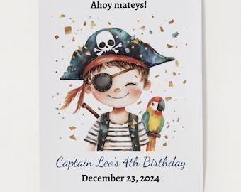 May include: A birthday invitation featuring a cartoon pirate with an eyepatch and a parrot. The text reads "Ahoy mateys! Captain Leo's 4th Birthday December 23, 2024".