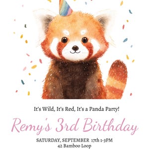 以下が含まれることがあります： パーティーハットをかぶったレッサーパンダと紙吹雪の水彩イラスト。テキストには「It's Wild, It's Red, It's a Panda Party! Remy's 3rd Birthday」と書かれています。誕生日パーティーの招待状。