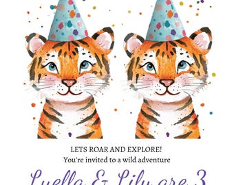 Invitación personalizable de cumpleaños para niñas Twin Tiger, linda invitación para fiesta de cumpleaños infantil con temática de tigre, descarga digital instantánea, Tiger Evite