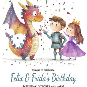 Custom Princess Knight Dragon Medieval Kids Birthday Party Invitation Template, Twins Knight Toddler Party Invite, Instant Digital Download
