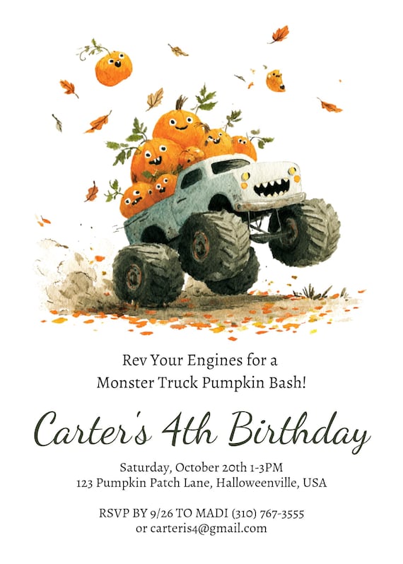Boys Fall Monster Truck Pumpkin Patch Bash Invite, Editable Kids Party Template, Cool Halloween Printable Invitations, Instant Digital File