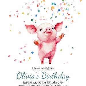 Convite personalizado de feliz aniversário de porquinho fofo, download digital, convite editável para festa de aniversário infantil, porquinho colorido de celeiro