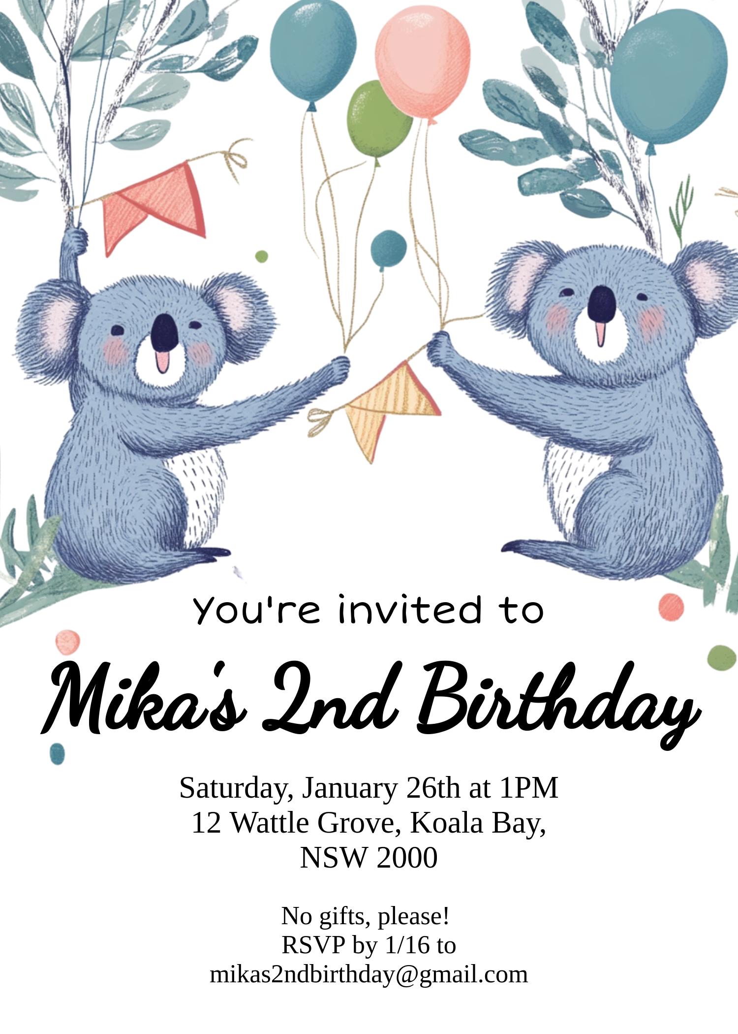 Cute Koala Kids Birthday Invitation Template, Editable Instant Download, Custom Aussie Toddler Girls Birthday Invitation, Evite, Australian