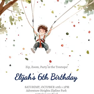 Zipline Boys Birthday Customizable Invitation, Cute Treetop Ziplining Adventure Kids Birthday Party Invite, Instant Digital Download