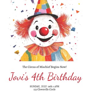 Kids Circus Pajaro Birthday Party Invitation, Customizable Children&#39;s Clown-Themed Invite, Digital Download, Editable Cute Clown Decor