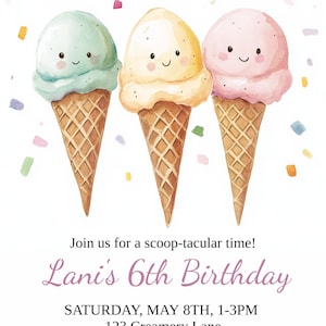 Girls Ice Cream Social Birthday Party Customizable Invitation, Kids Ice Cream Birthday Party Invite, Instant Digital Download, Cute Scoops