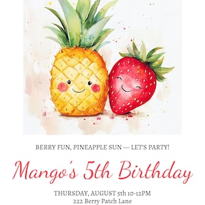 Cute Berry Pineapple Fruit Kids Birthday Party Invitation | Editable Fruit Salad Summer Children&#39;s Party Invite | Digital Download