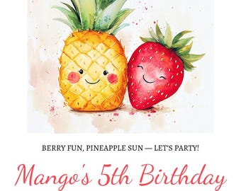 Cute Berry Pineapple Fruit Kids Birthday Party Invitation | Editable Fruit Salad Summer Children's Party Invite | Digital Download