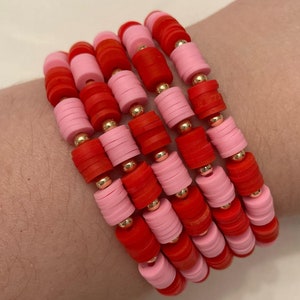 Pink and Red Valentine&#39;s Day Heishi Clay Disc Beaded Preppy Stretch Bracelet