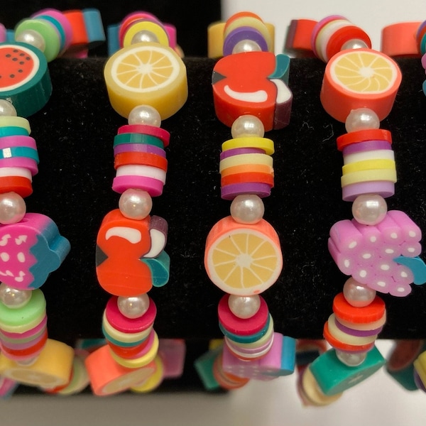 Fruity Colorful Rainbow Heishi Clay Bead Bracelet Multicolored Fruit Themed Handmade Fun Bright Summer Bracelets Jewelry Accessories