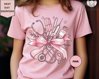 Pink Nurse Coquette Shirt, Coquette Bow Shirt, Coquette Nurse Shirt, Bow Nurse Medical Tools, Nurse Appreciation Gift