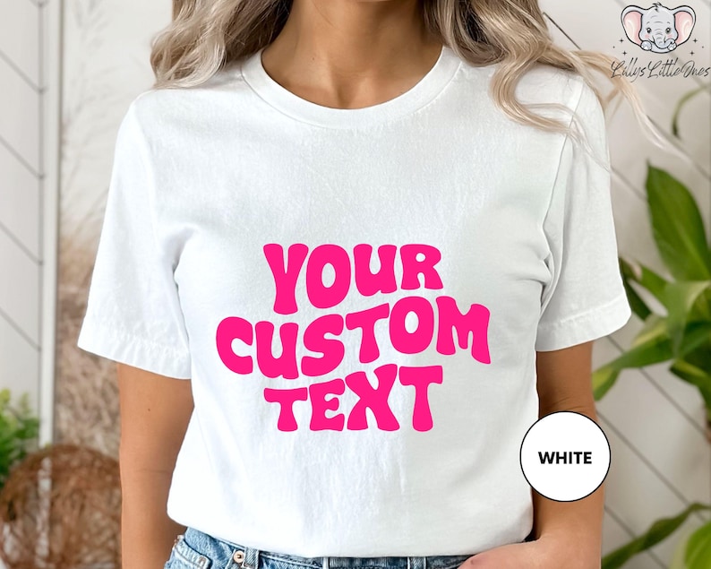 a woman wearing a t - shirt that says your custom text