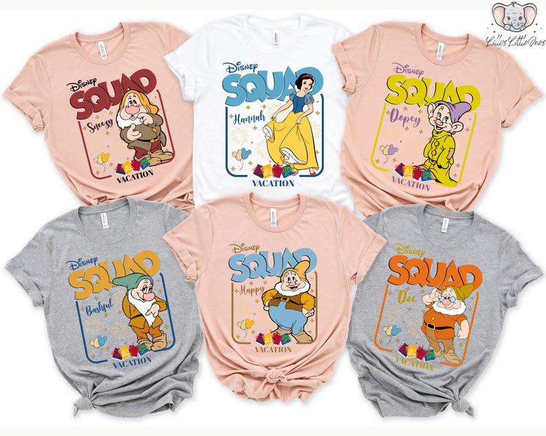 six Disney-themed t-shirts, each featuring a different character from the Snow White and the Seven Dwarfs franchise. The t-shirts are arranged in a grid, with three on the top row and three on the bottom row.