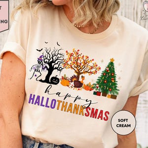 Happy Hallothanksmas-shirt, Happy Halloween Thanksgiving kerstshirt, shirt vakantieseizoen, grappig Halloween-cadeau, herfstshirt