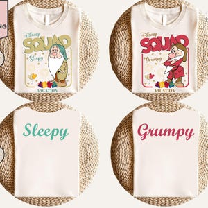 The image is a collage of four Disney-themed t-shirts, each featuring a different character from the Snow White and the Seven Dwarfs franchise.