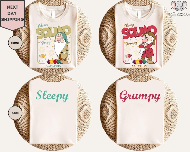 The image is a collage of four Disney-themed t-shirts, each featuring a different character from the Snow White and the Seven Dwarfs franchise.