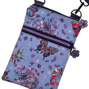 Crossbodytas cognac, mobiele telefoontas, vlinder en bloemen