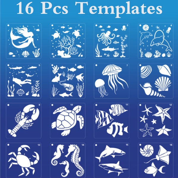 16Pcs Sea Ocean Creatures Stencils,Reusable Sea Animal Painting Drawing Stencils Template,DIY Stencils Decor for Painting on Wood Wall Decor