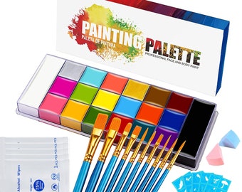 Juego de pintura facial y corporal, kit de pintura facial de 20 colores con plantillas y pinceles, pintura corporal lavable y segura, fiesta de maquillaje, cosplay para adultos y niños