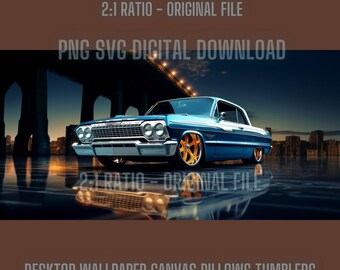 Blue 64 Impala Lowrider PNG Bundle, Chicano Wall Art (digital