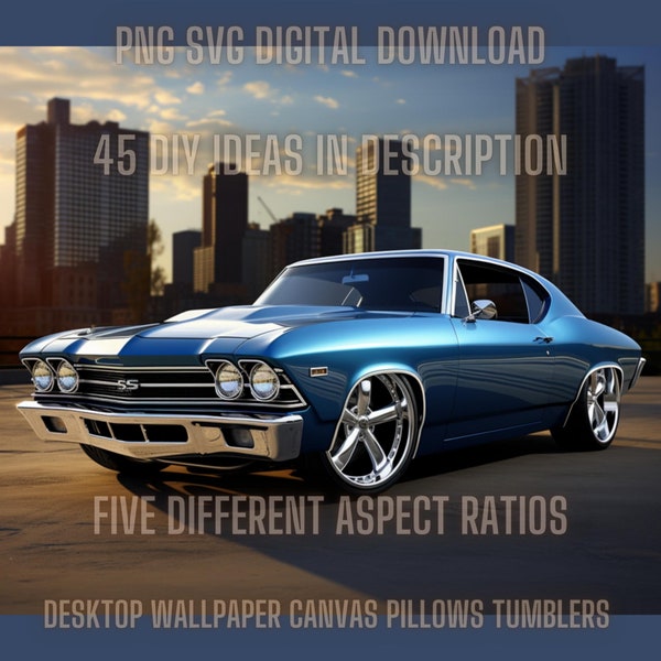 This Custom Blue 68 Chevelle SS 5 PNG Bundle makes the best desktop wallpaper, posters, tumbler wraps, canvas art and awesome sublimation