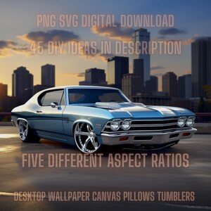 Puede incluir: Un coche clásico azul con un capó negro y detalles cromados. El coche está aparcado en una azotea con una ciudad en el fondo. El texto "PNG SVG DIGITAL DOWNLOAD" y "45 DIY IDEAS IN DESCRIPTION" se muestra encima del coche. El texto "FIVE DIFFERENT ASPECT RATIOS" se muestra debajo del coche. El texto "DESKTOP WALLPAPER CANVAS PILLOWS TUMBLERS" se muestra en la parte inferior de la imagen.