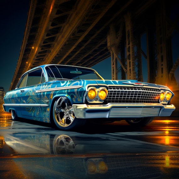 ブルーバードナイト ローライダー チカーノchicano lowrider Teal Gold 64 Impala Lowrider Cityscape PNG, 5 Aspect Ratio