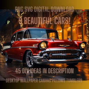 Paquete de 9 autos Chevy 57 PNG rojo personalizado, descarga digital, PNG de muscle car clásico, Svg, PNG de muscle car Chevy, ¡paquete de 9 PNG de muscle car clásico!