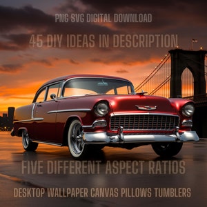 This Custom Red 55 Chevy PNG Bundle comes with 5 different aspect ratios to make the best sublimation, desktop wallpaper, tumbler wraps