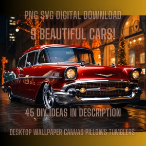 Classic Red 57 Chevy PNG 9 Car Bundle, Descarga digital, Vintage Muscle Car PNG, Svg, Chevy Muscle Car PNG, 9 Custom Muscle Car Png Bundle!